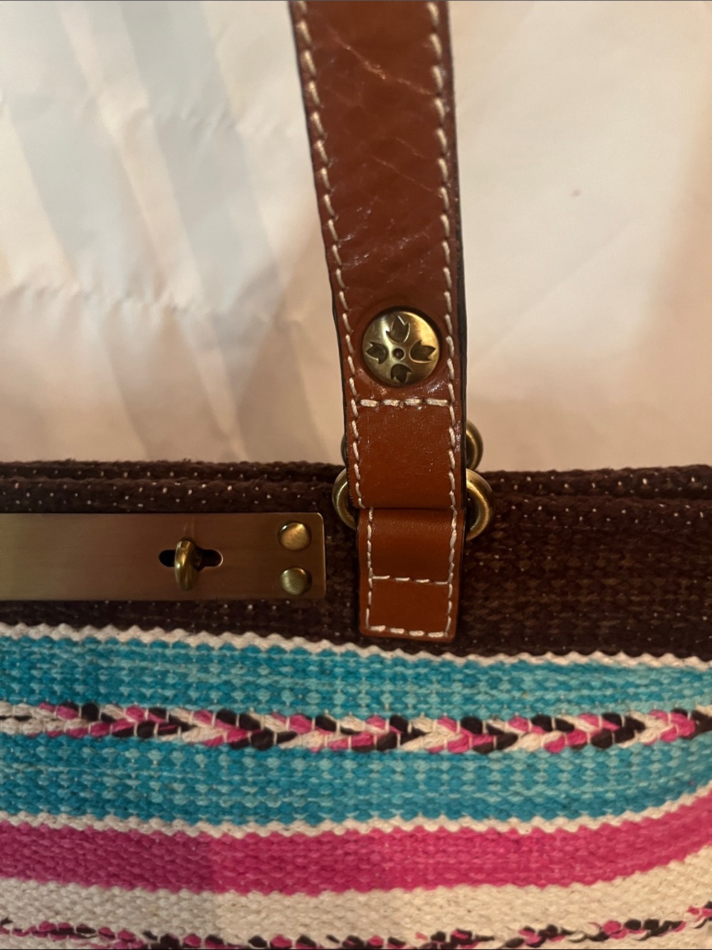 Patricia Nash Pink Turquoise Woven Stripe Tote with Brown Leather Handles - Picture 4 of 15